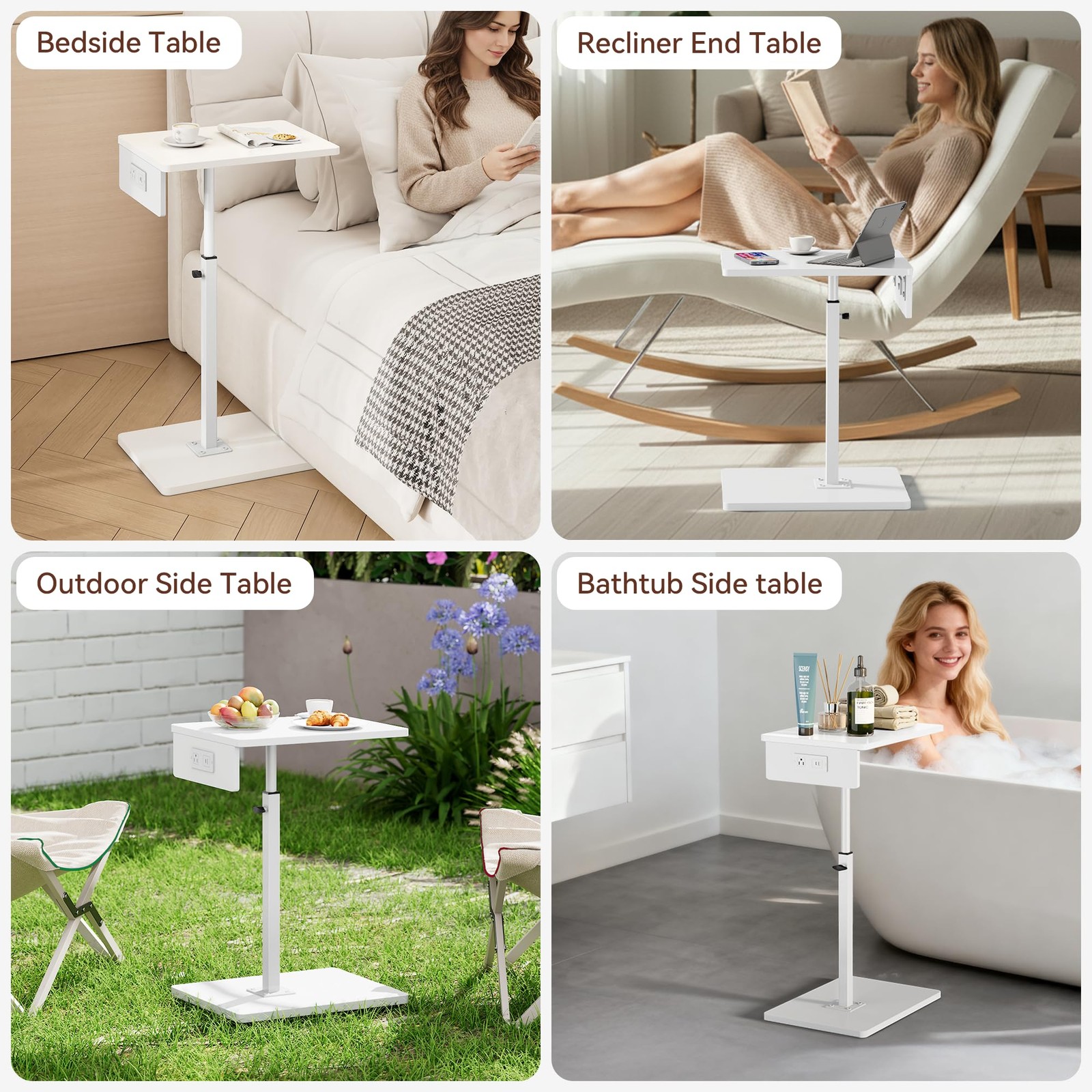 C Shaped End Table with Charging Station, Adjustable Height C Table End Table...