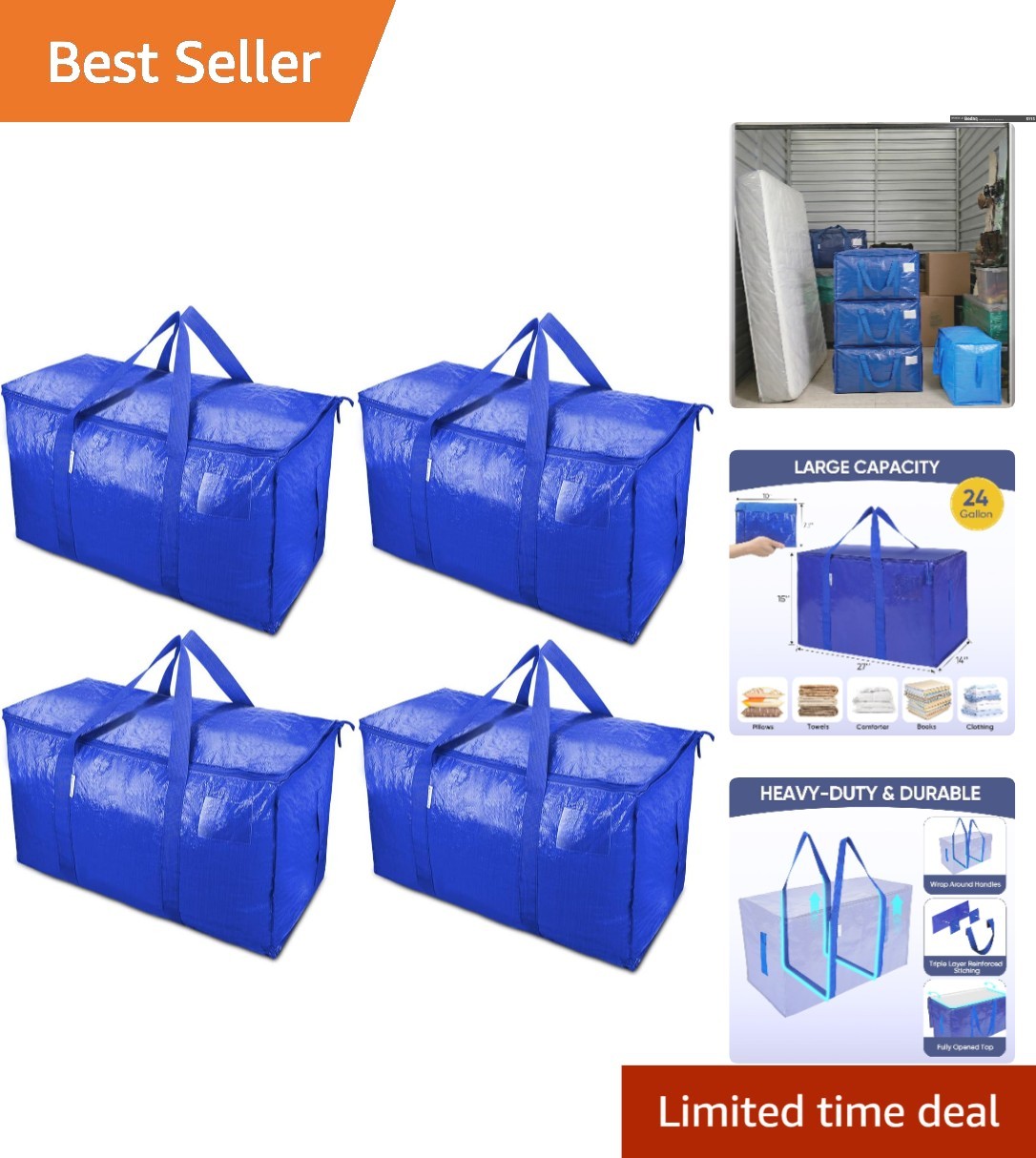 4 Pack Heavy Duty Water-Resistant Moving Bags - Extra Large Storage Solution