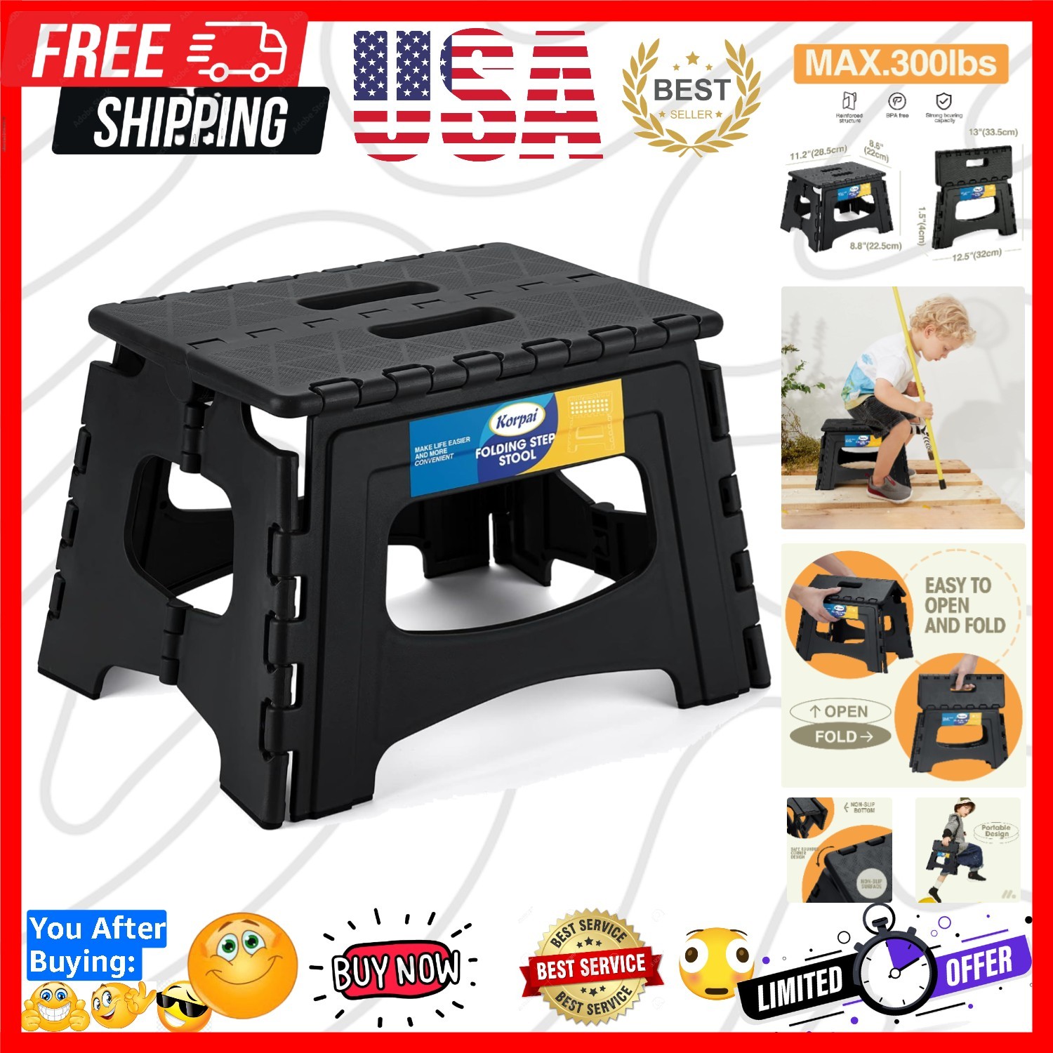 Upgrade 9" Folding Step Stool for Adults and Kids Holds Up to 300 lbs,Non-Sli...