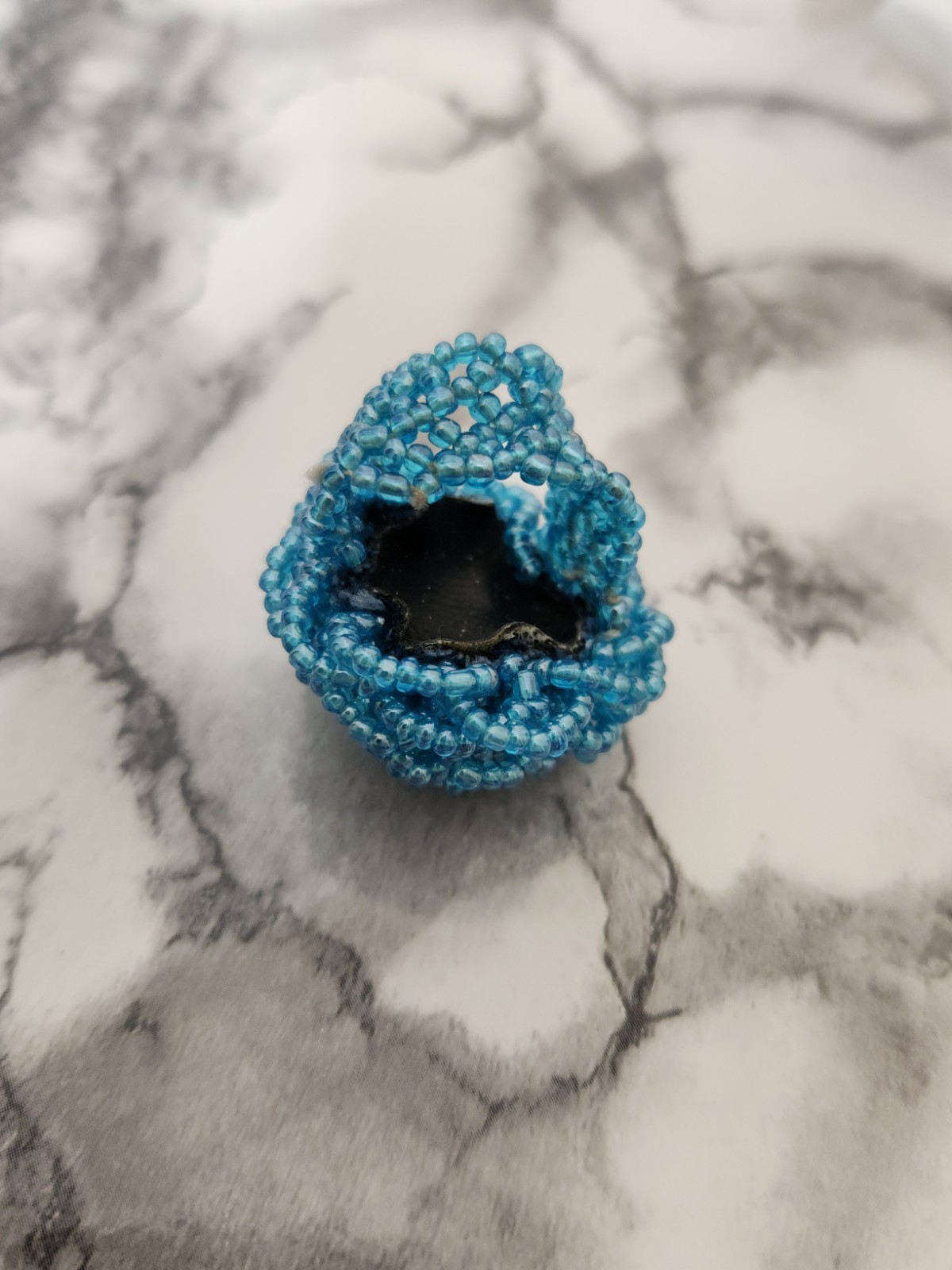 Peacock Blue Handmade Glass Seed Bead Cluster Ring Size 9