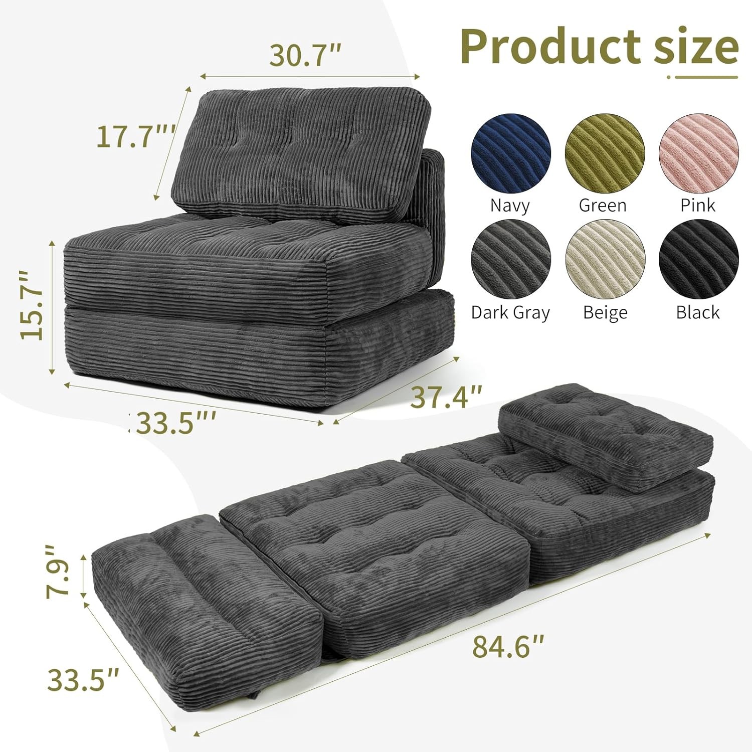 Folding Sofa Bed Convertible Sleeper Sofa Bed W/ Pilow & Back Support 3 in 1