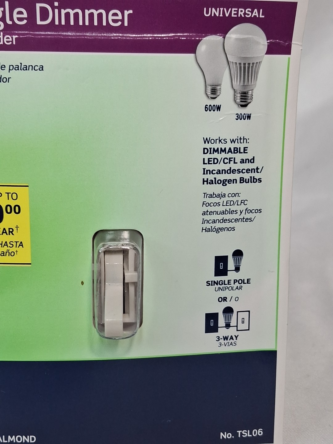 LEVITON TSL06-1KT Toggle Dimmer with Slider Switch Light Almond