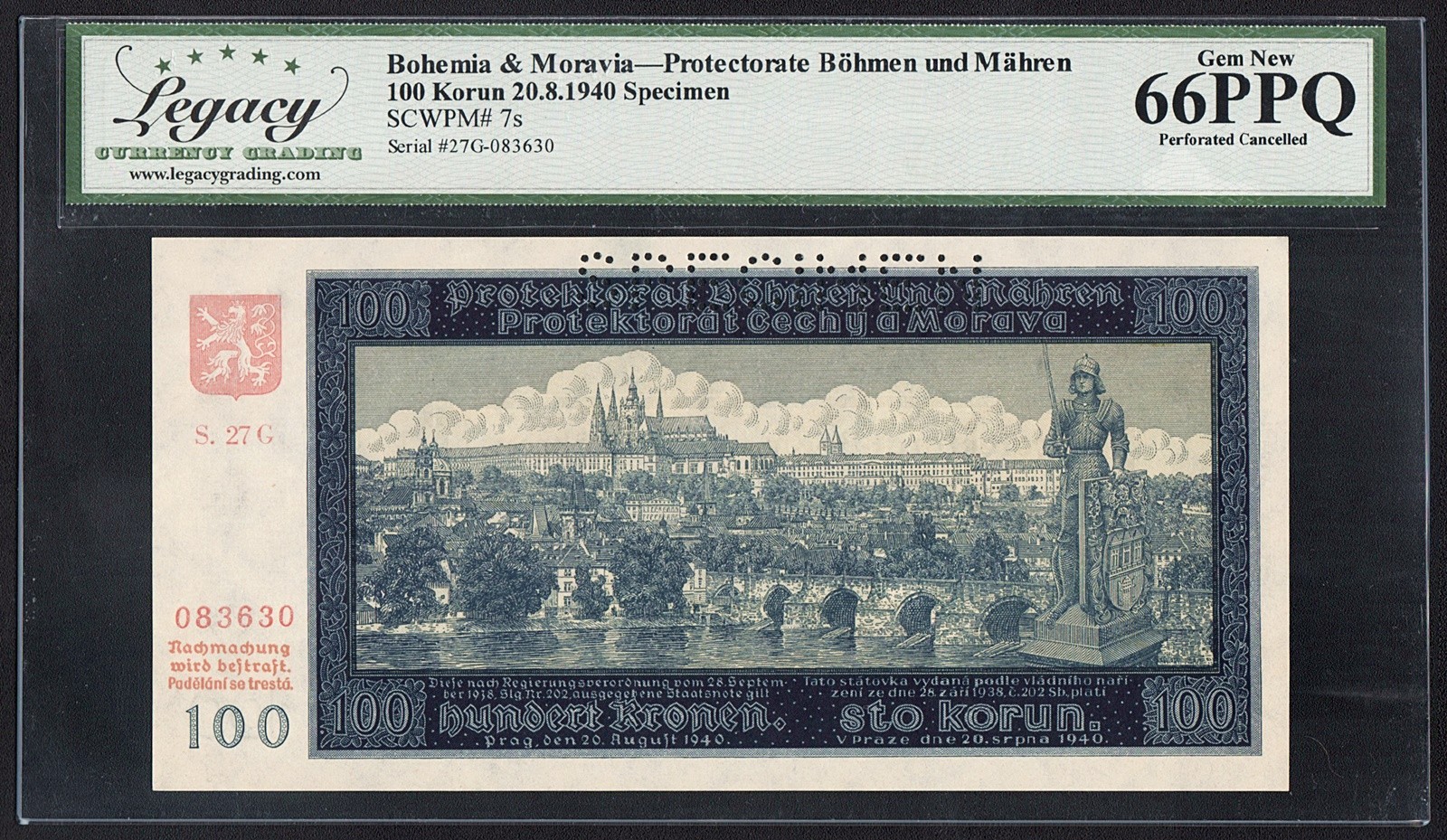1940 Bohemia & Moravia, SPECIMEN, 100 Korun, 20.8.1940, Pick-7s, Legacy 66 UNC