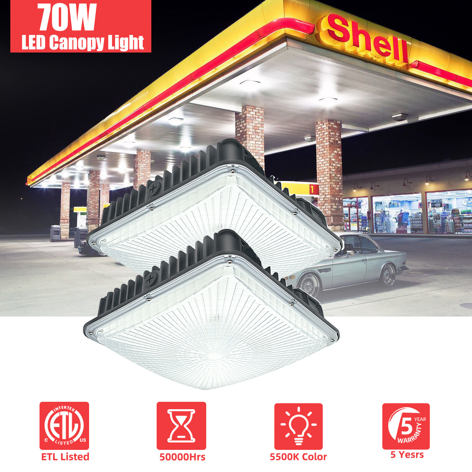 2Pack LED Canopy Light 70W Outdoor Garage Parking Lot Gas Station Light 5500K