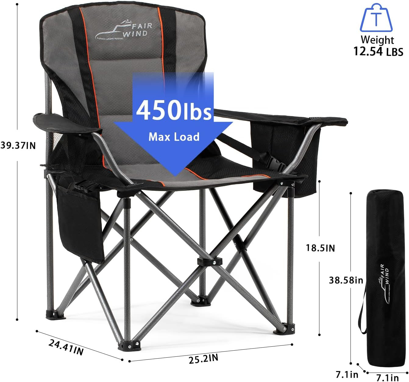 Oversized Heavy Duty Camping Chair with Lumbar Support & Cooler Bag, 450 LBS