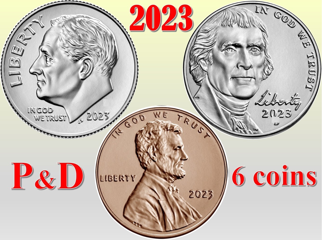 💰  2023 P&D - Penny 1¢  Nickel 5¢ Dime 10¢ -  6 Uncirculated Coins - Full Set
