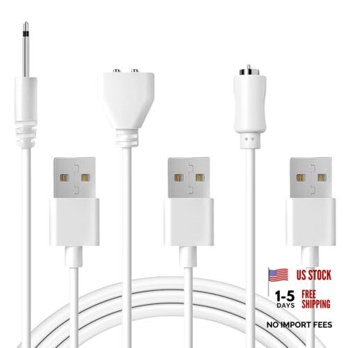 3Pack DC Charging Cable Set: 2.5mm Massager Charger 6mm Magnetic USB DC White