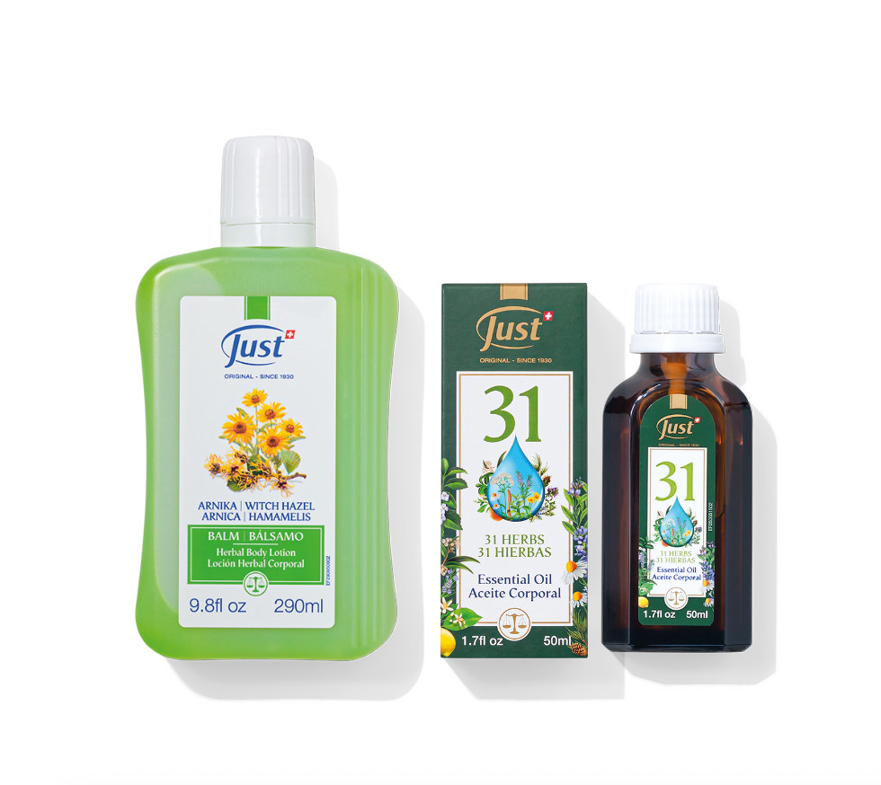 SWISS JUST Bálsamos corporal de Arnica 290 ml y Oleo 31 herbal 50 ml PACK