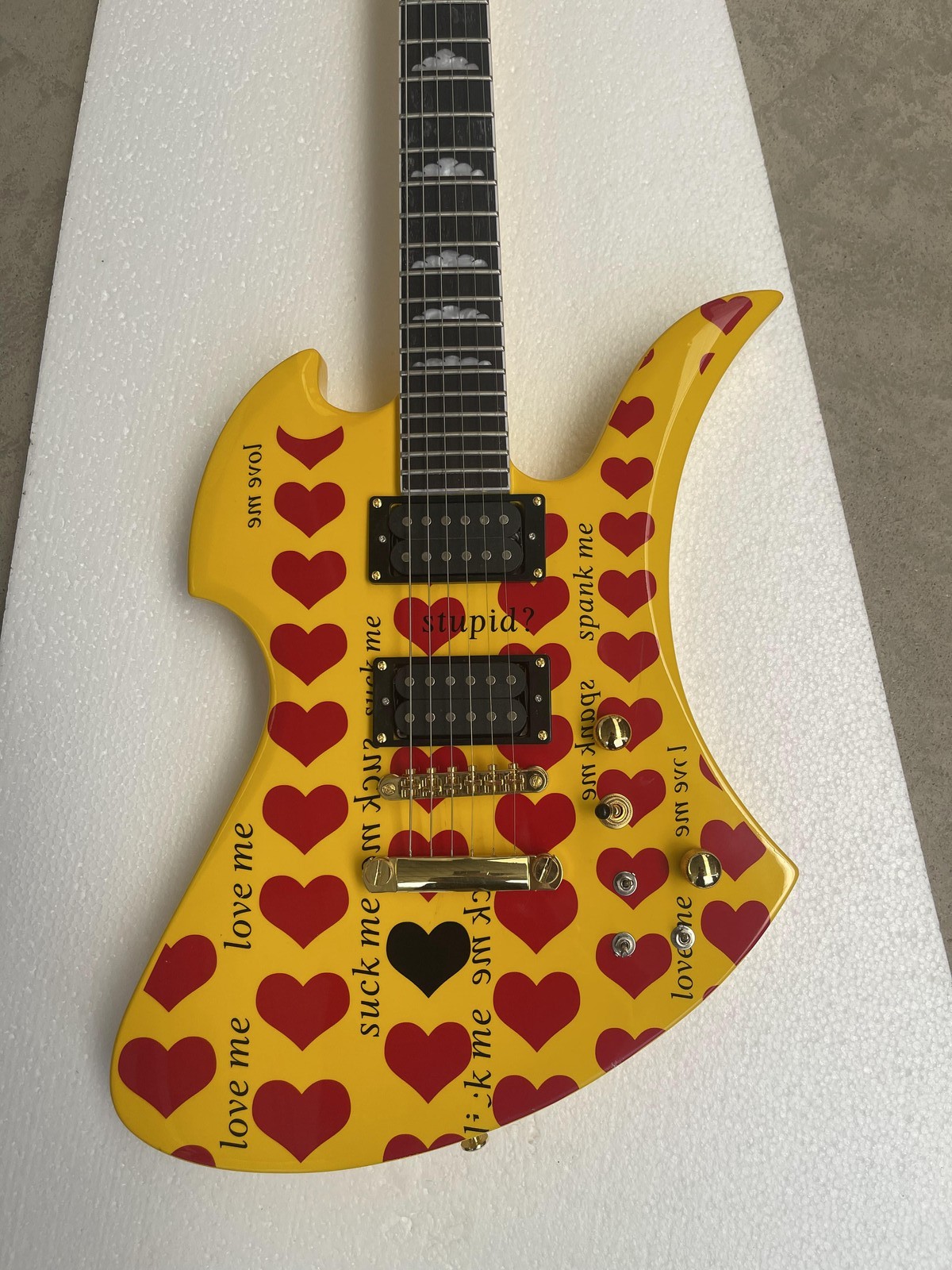 6 String Electric Guitar Yellow Graphic Custom Shape HH Pickup Maple Neck