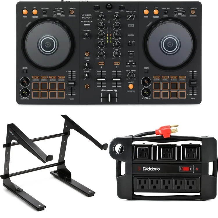 Pioneer DJ DDJ-FLX4 2-deck Rekordbox and Serato DJ Controller with Laptop Stand