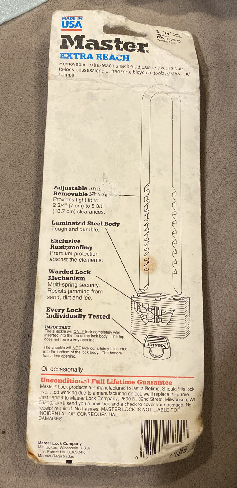 Master Laminated Padlock 517-D XLong Removable & Adjustable Shackle *Made in USA