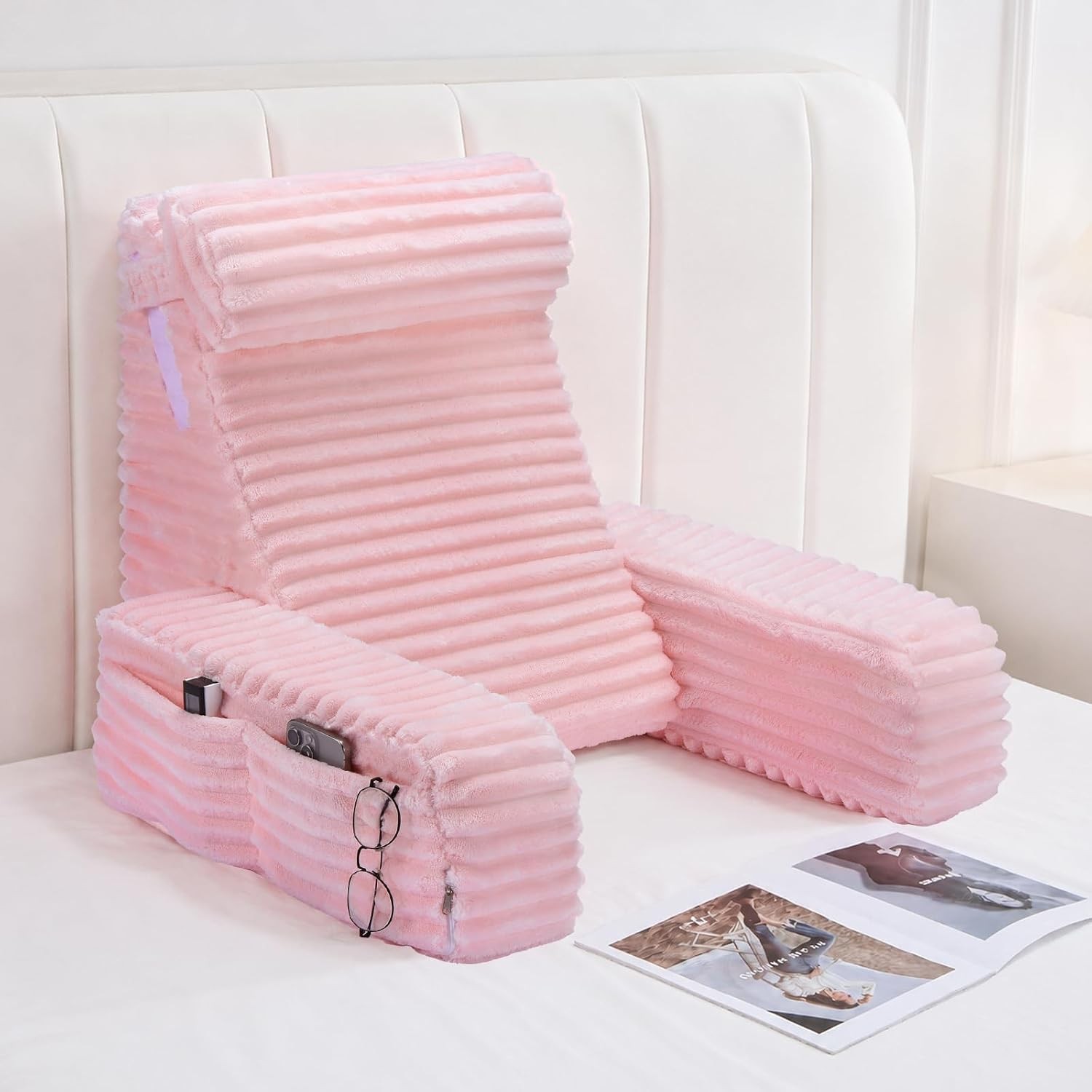 22" XL Reading Pillow with Armrests & Large Pockets, Supportive Back Pillow with