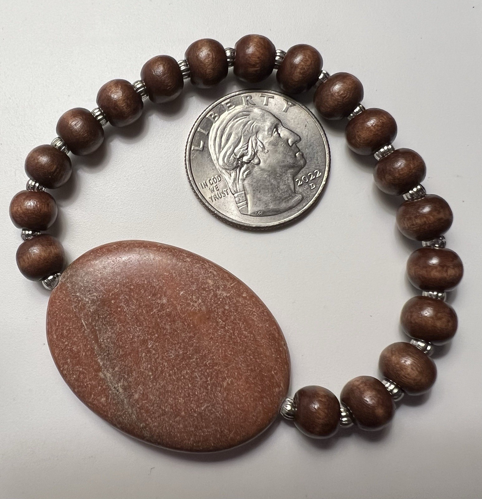 Genuine Natural Stone, Wood And Nickel Stretch Bracelet Handmade Artisan