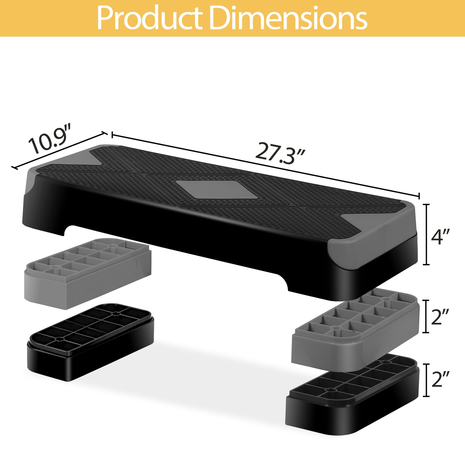 Adjustable 27" Aerobic Step Exercise Non-Slip Platform Stepper 4" - 8" Grey
