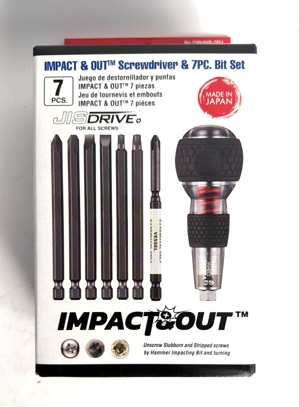 [NEW] (238HWB7PU) Vessel IMPACT & OUT Screw Remover Handle & 7PC Bit Set