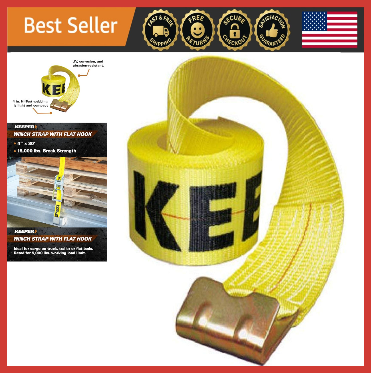 4"x30' Winch Strap Flat Hook 5000 lbs WLL 15000 lbs Break Strength Heavy Duty