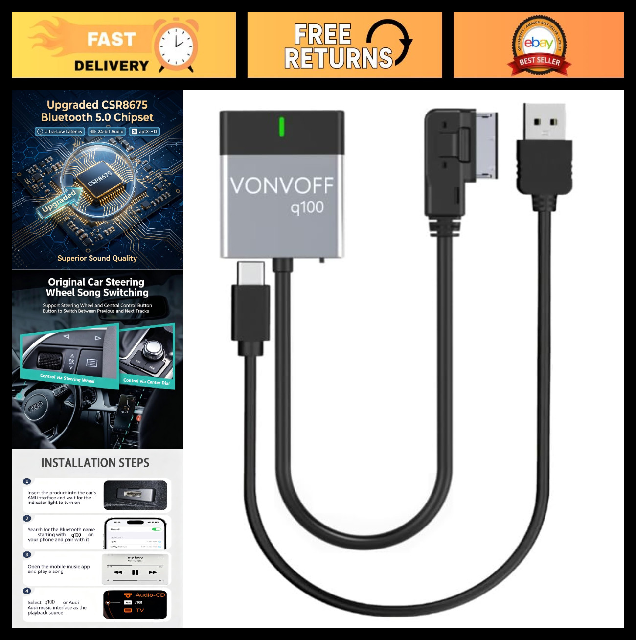 Bluetooth 5.0 Car Adapter AMI Interface, aptX-HD Music Receiver for Audi & VW