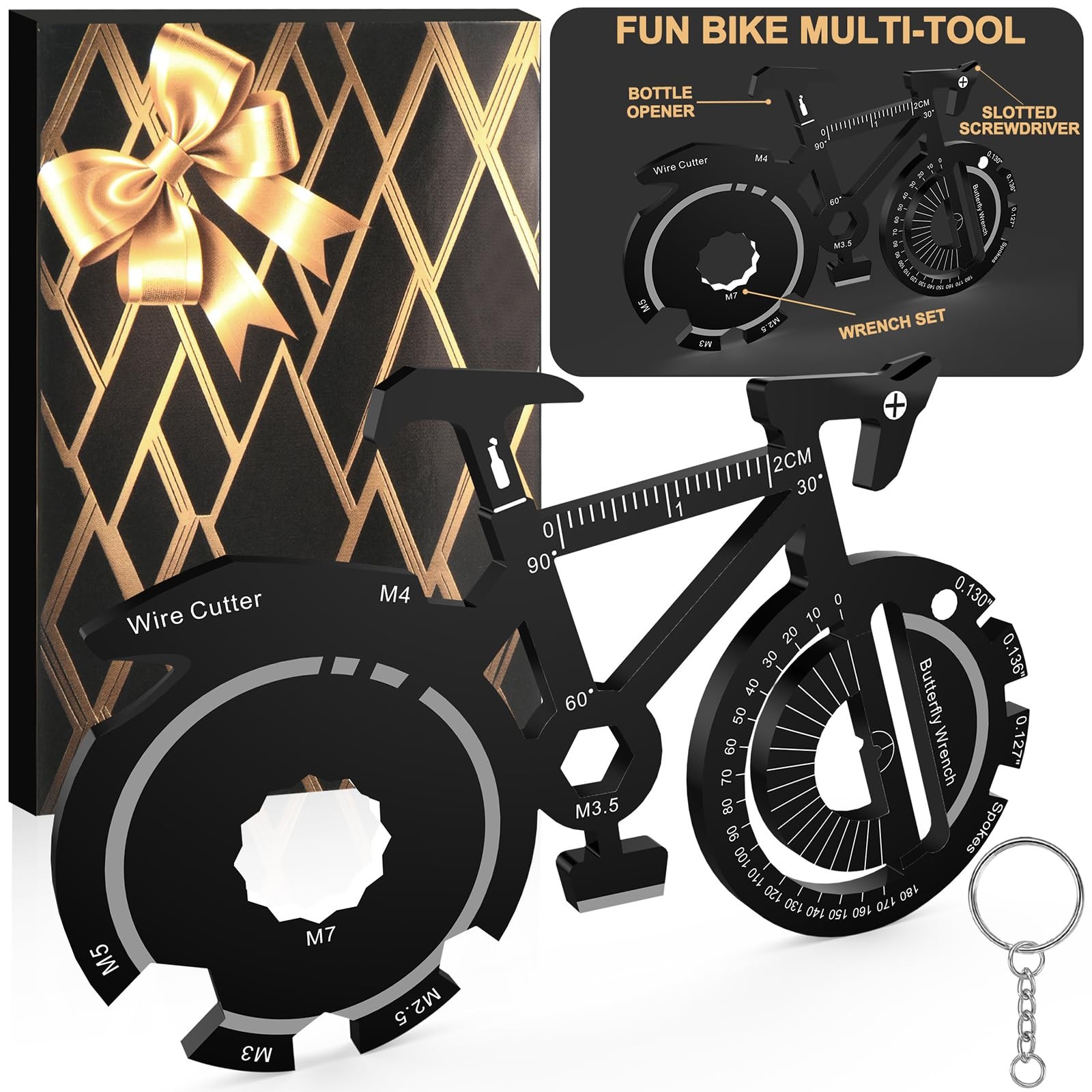 Funny Cycling Gifts for Men - Cool Bike Keychain EDC Multi Tool 20 in Black