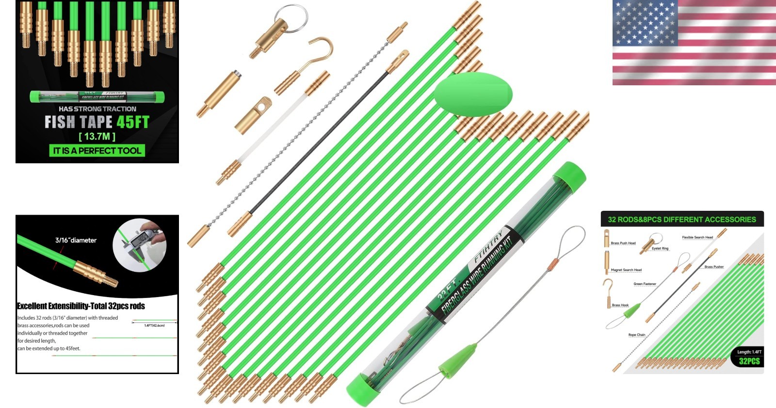 45FT Fiberglass Wire Pulling Kit with 8 Attachments for Effortless Installation