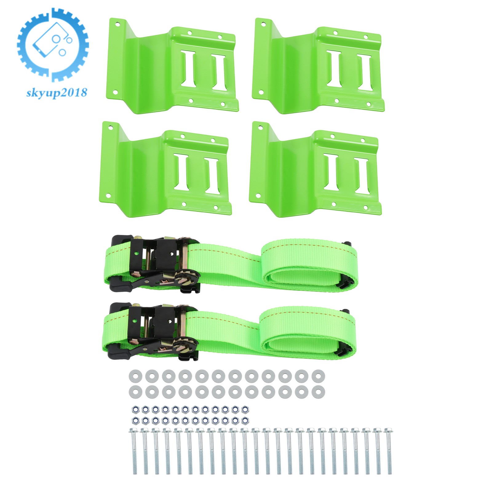 Green Wheel Chock And 6ft Ratchet Strap Kit For E Track System ATV UTV Tractors