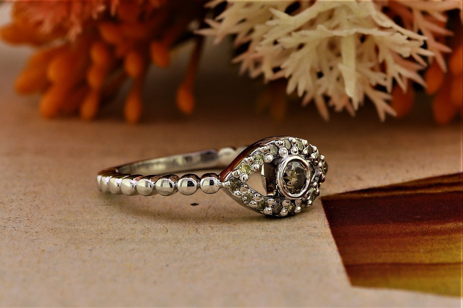 Round Cut Eye Shape Wedding Ring Salt And Pepper Moissanite Ring In S925 Silver