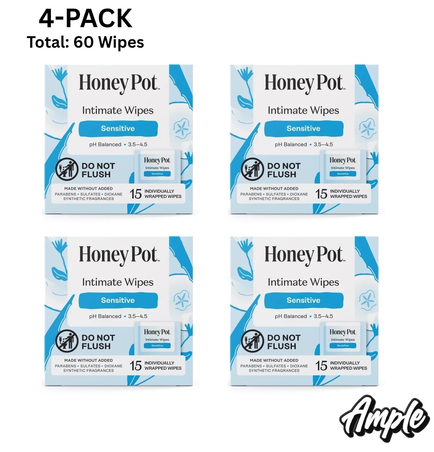 4-Pack The Honey Pot Sensitive Intimate Wipes, 15 ct Individually Wrapped Travel