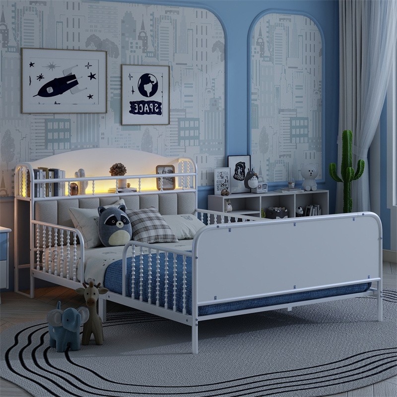 Full Size Kids Metal Bed,Low-Profile with Upholstered Storage Headboard & Lights