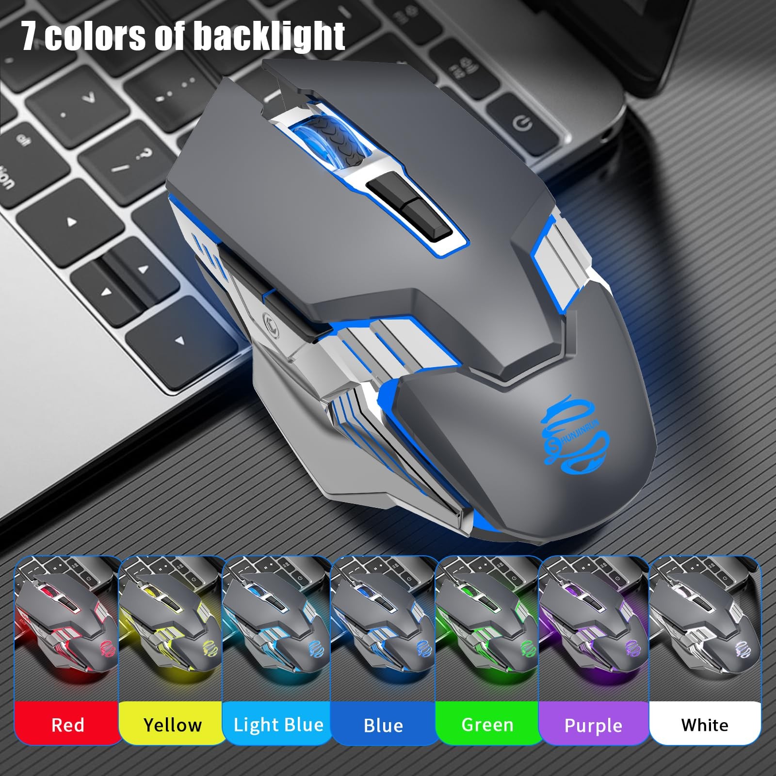 Bluetooth Gaming Mouse RGB Rechargeable Silent 6 Button DPI Laptop PC Grey