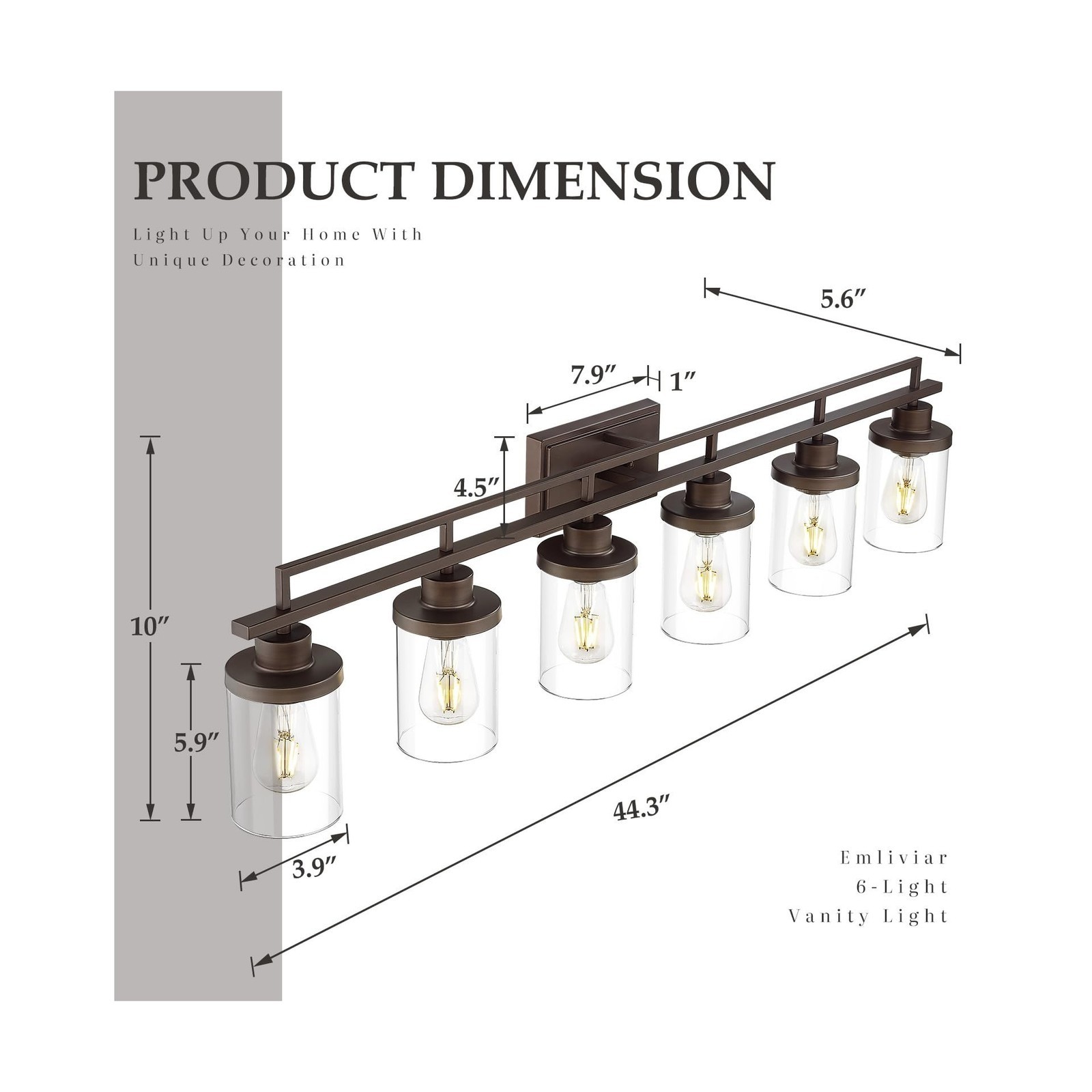 Emliviar 6-Light Bathroom Vanity Light Fixture, 44.3" Farmhouse Wall Lamp for...