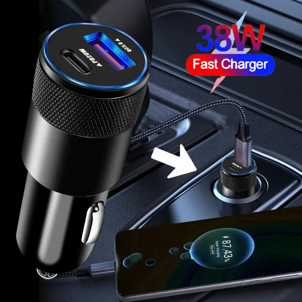 12V USB C Car Phone Fast Charger Adapter 38W PD/QC USB A Cigarette Lighter Plug
