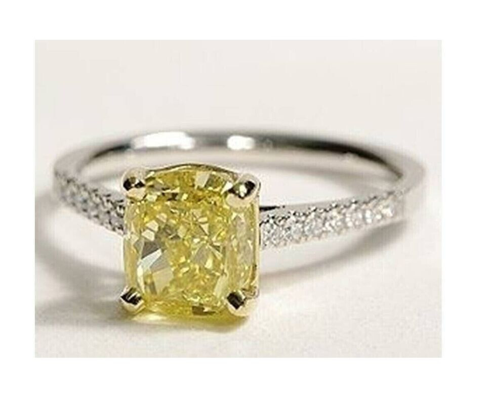 3CtCushion Cut Moissanite Canary Yellow Engagement Ring 14k White Gold plated