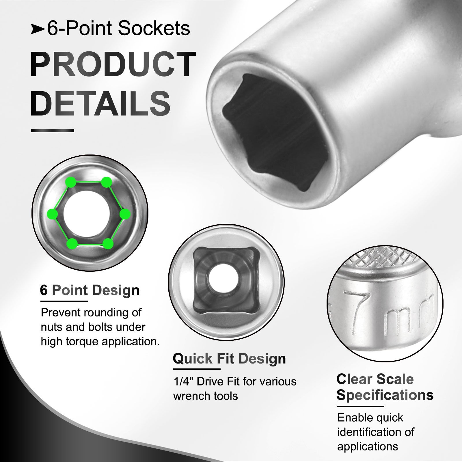 5pcs 6 Points Deep Socket 1/4" Drive 7mm Nickel Plating Flip Sleeve 1" Long