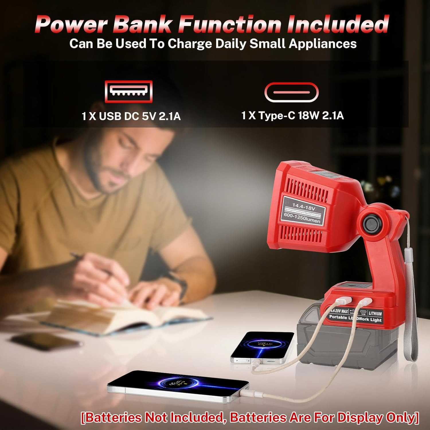Flashlight Work Light for Milwaukee M18 18V Battery, 18W Work Lights with USB &