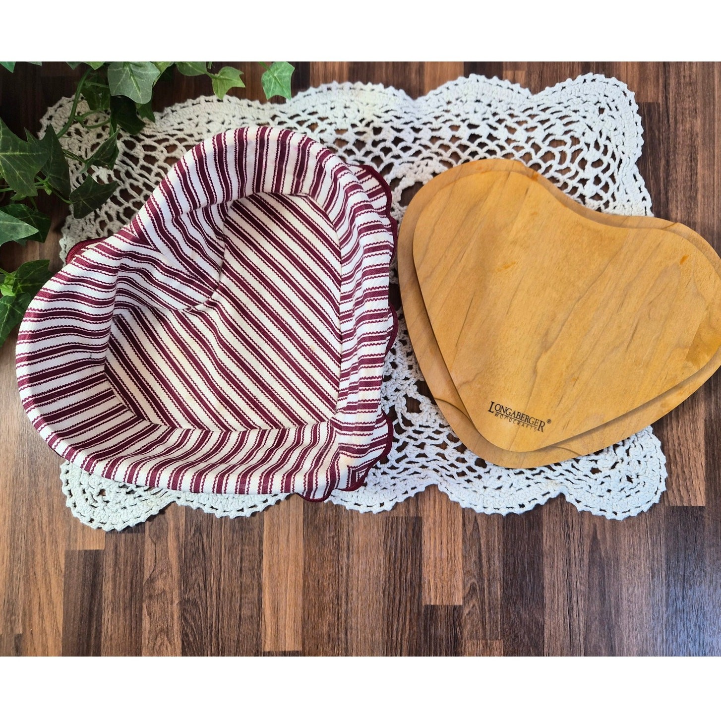 Longaberger Heart Basket 1999 w Lid & Liner Woven Wood Farmhouse Decor USA