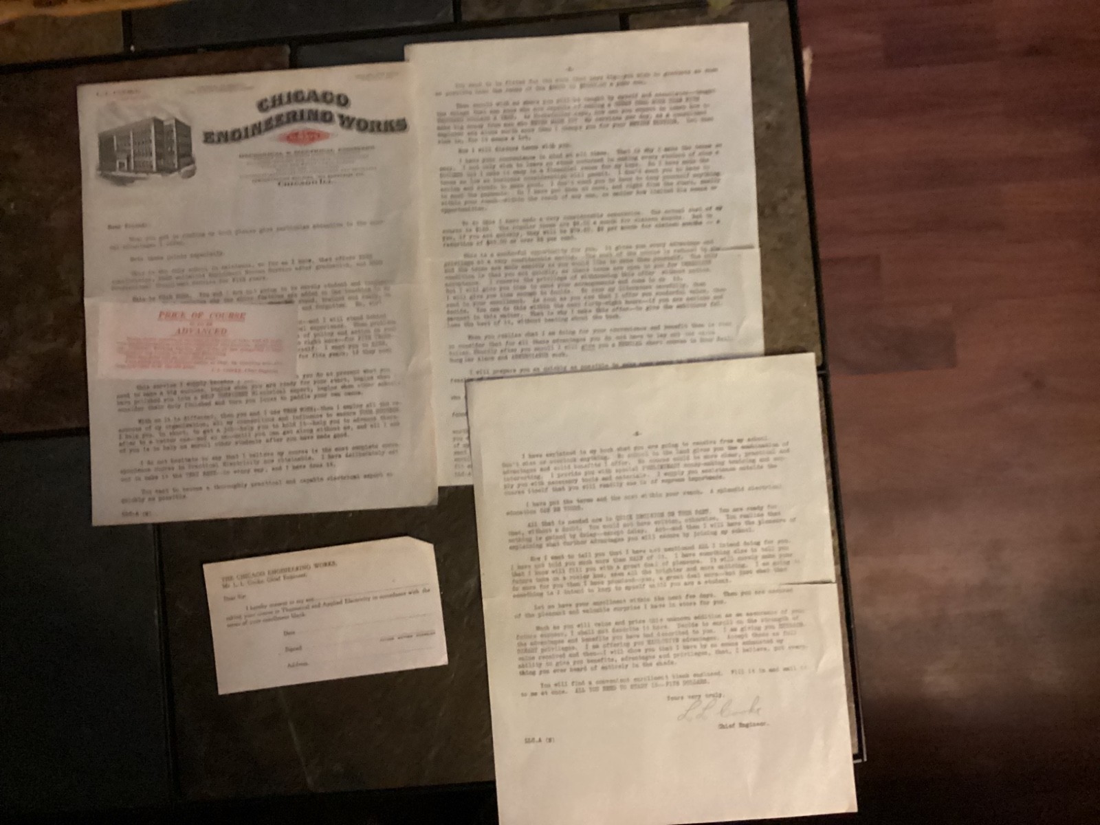 1920s Chicago Engineering Works L.L. Cooke Chief Engineer Course Letter