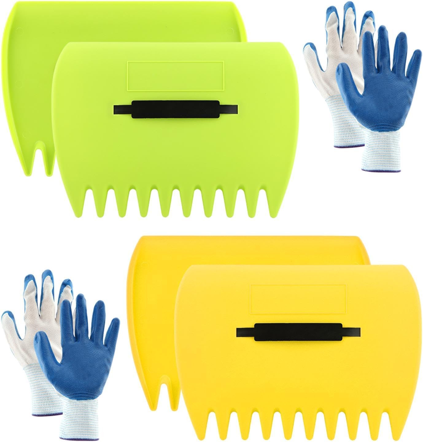 2 Sets Leaf Scoops Hand Rakes with 2 Pairs Gloves, Large Lightweight Plastic Lea