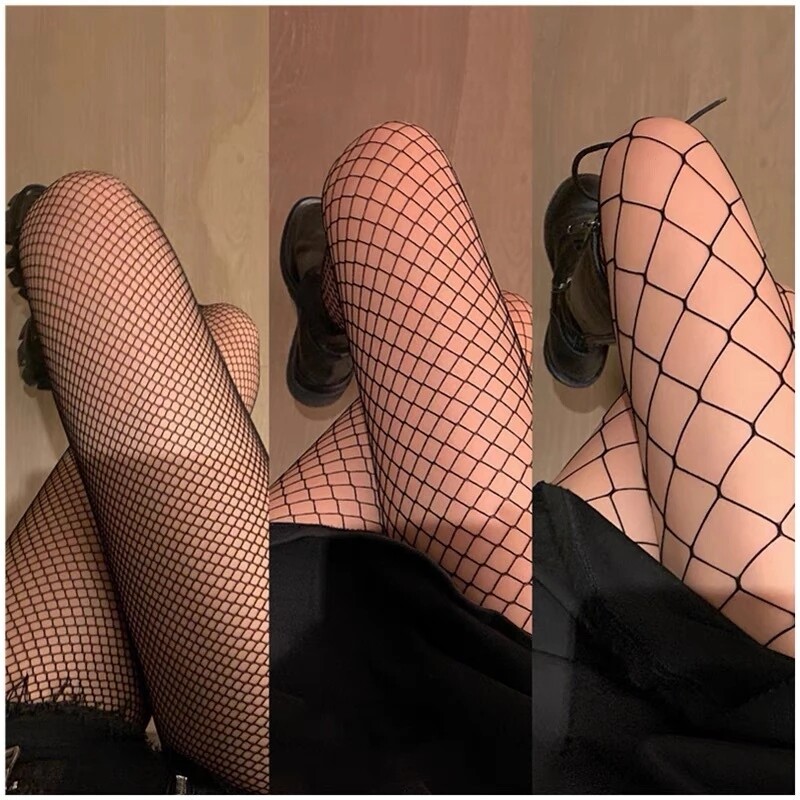 Women High Waist Pantyhose Fishnet Mesh Tights Stockings Thigh High Socks Black