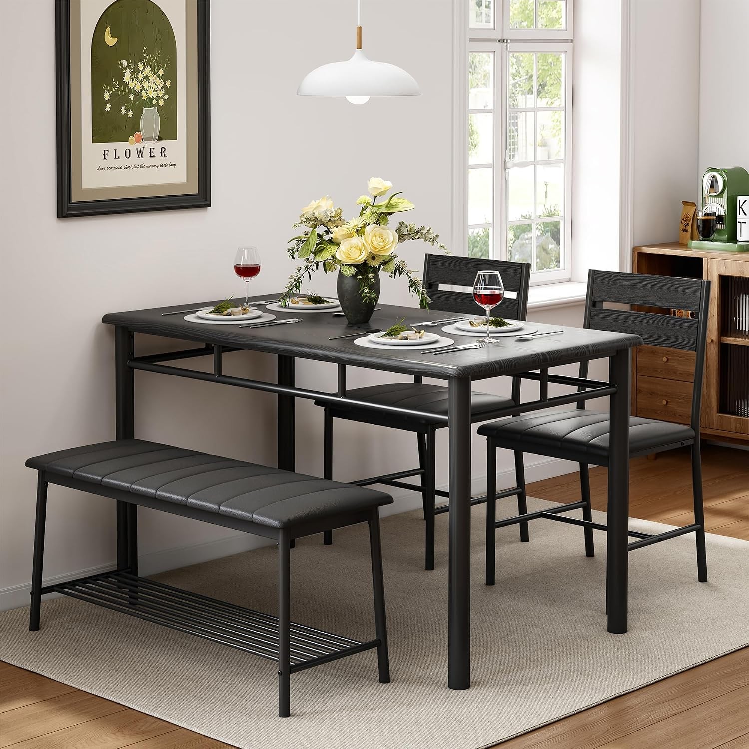 Dining Table Set for 4, Kitchen Table with Upholstered Bench and 2 Chairs,