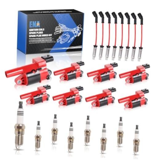 8 Ignition Coil with Spark Plug and Wire Set Compatible with Cadillac Red