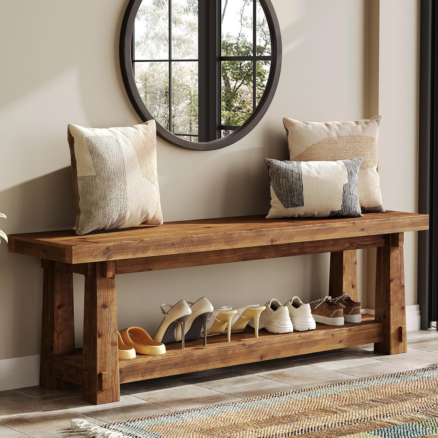 55-Inch Solid Wood Entryway Bench with Open Shelf for Hallway, Mudroom, Bedroom