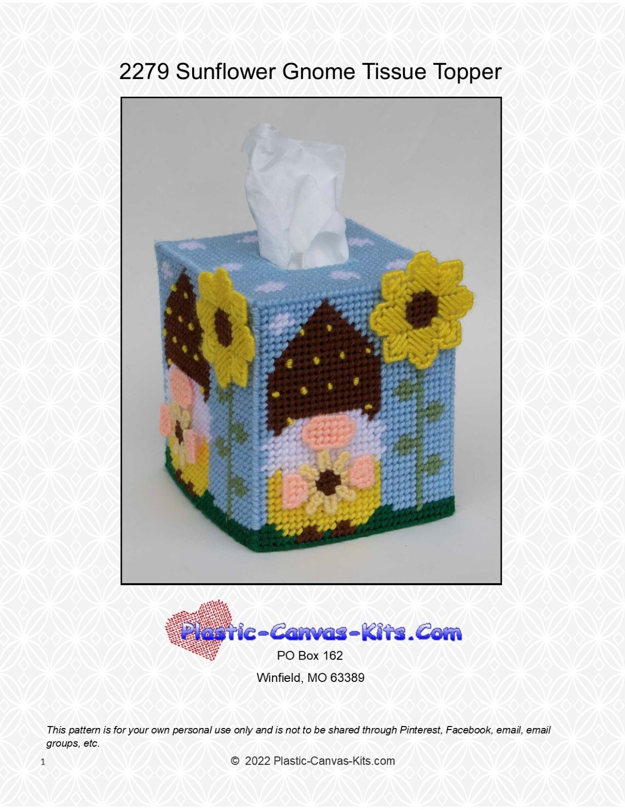 Sunflower Gnome Tissue Topper-Plastic Canvas Pattern or Kit
