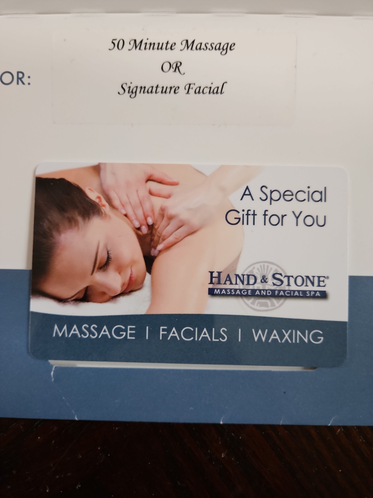 HAND & STONE MASSAGE and FACIAL GIFT CARD For Either a massage or facial