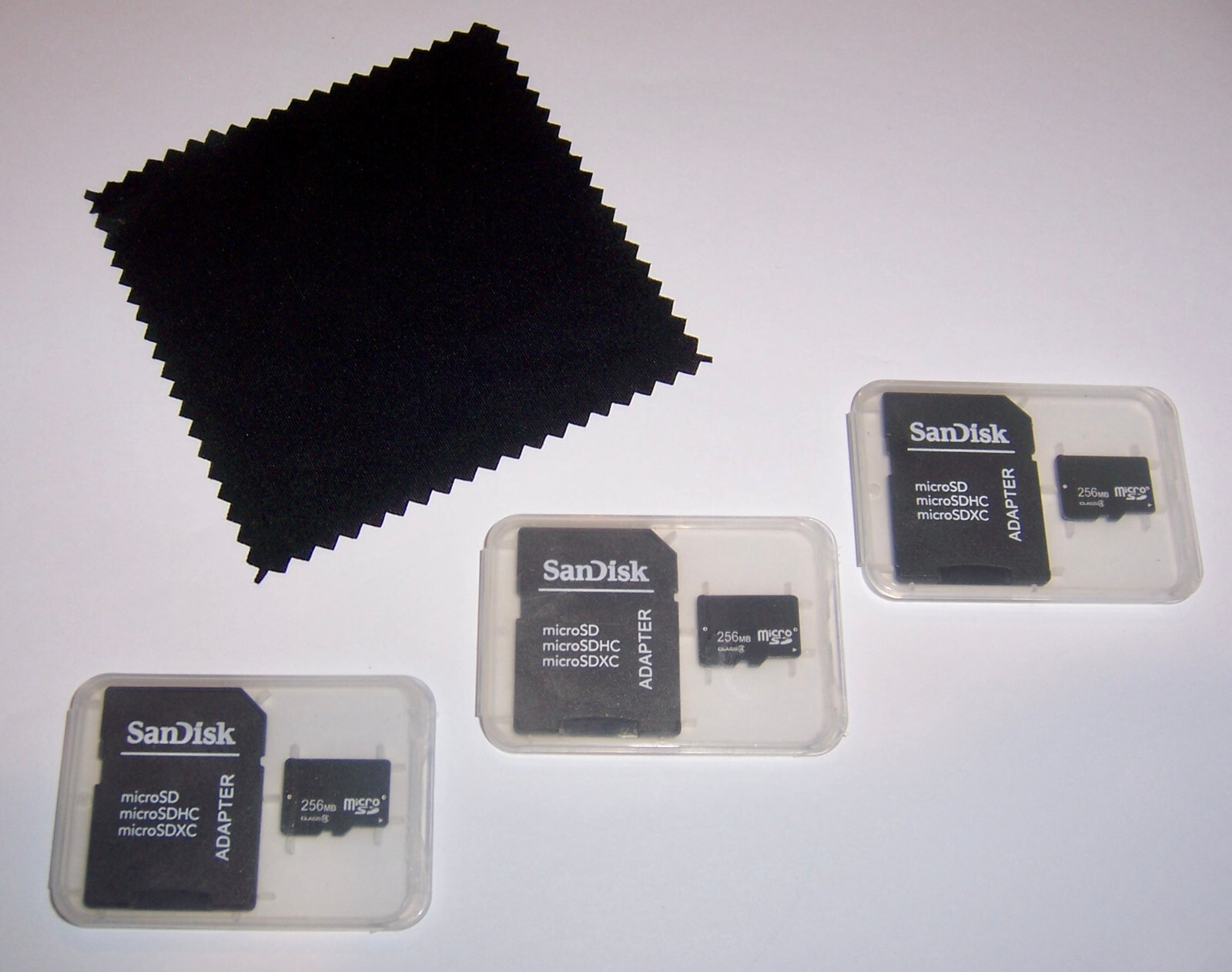 Lot of 3 New 256mb Micro SD Memory Cards, 256 mb MicroSD + Cleaning Cloth - USA