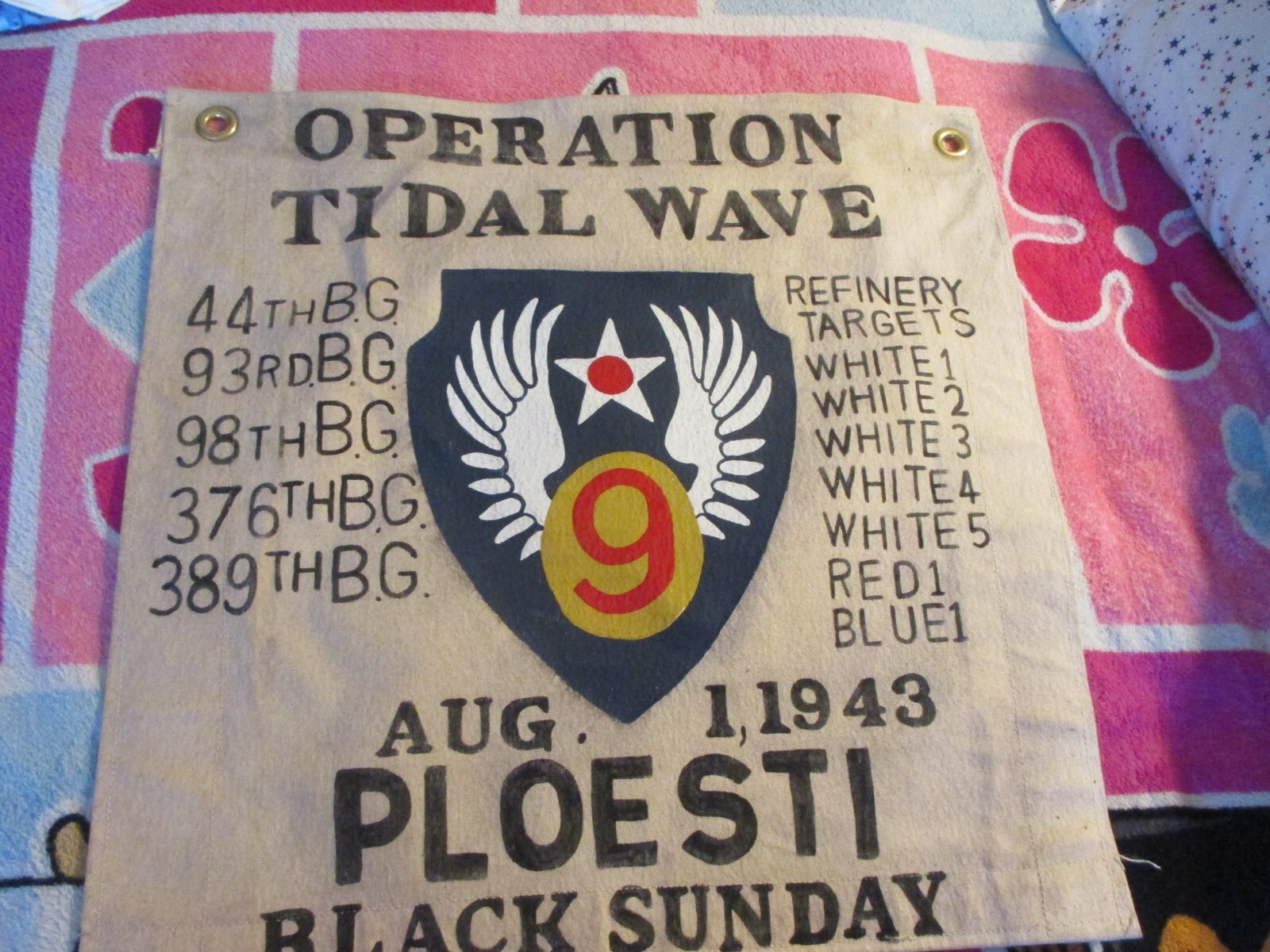 WWII USAAF OPERATION TIDAL WAVE PLOESTI OIL RAID 8/1/43  BARRACK BAR  FLAG
