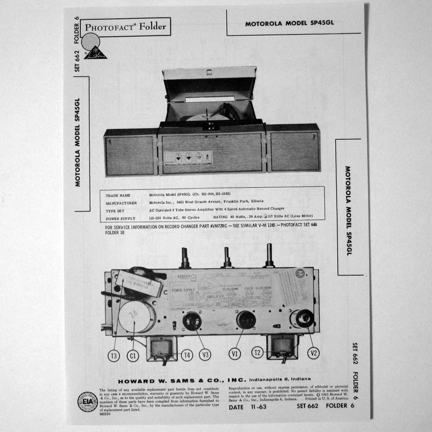 Motorola Model SP45GL Portable Record Player - SAMS Photofact ™ 1963 New