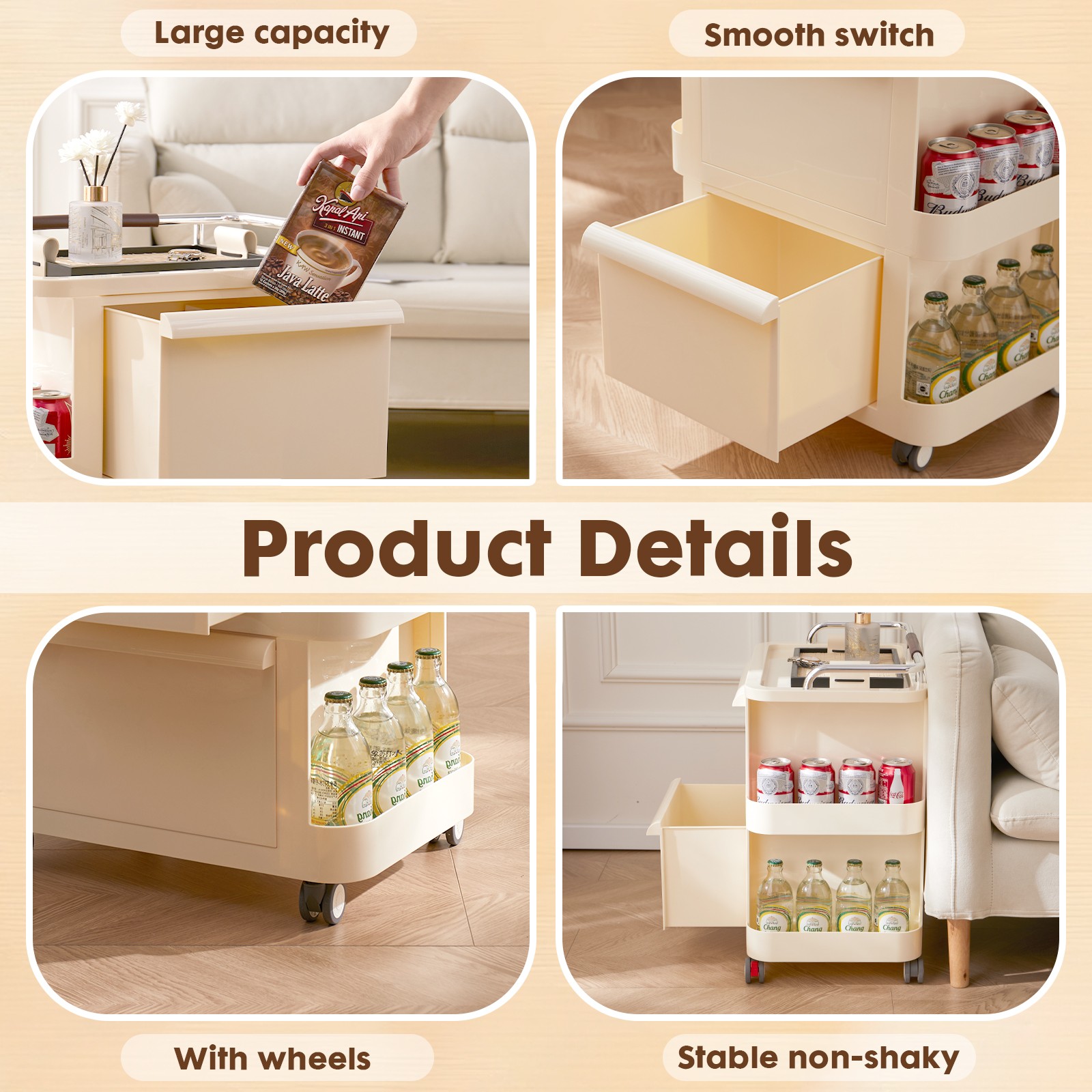 Narrow Rolling Utility Cart with Drawers 2-Tier Open Shelves, Lockable Casters