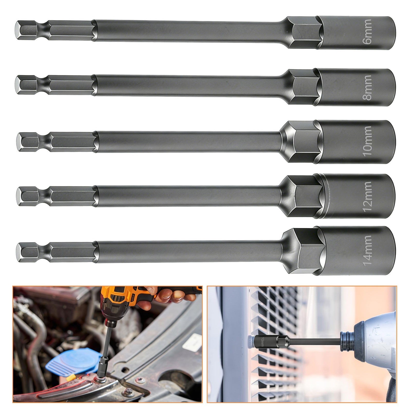 5 x 6–14mm Magnetic Nut Driver Set 1/4" Hex Shank Deep Socket for Drill Impact