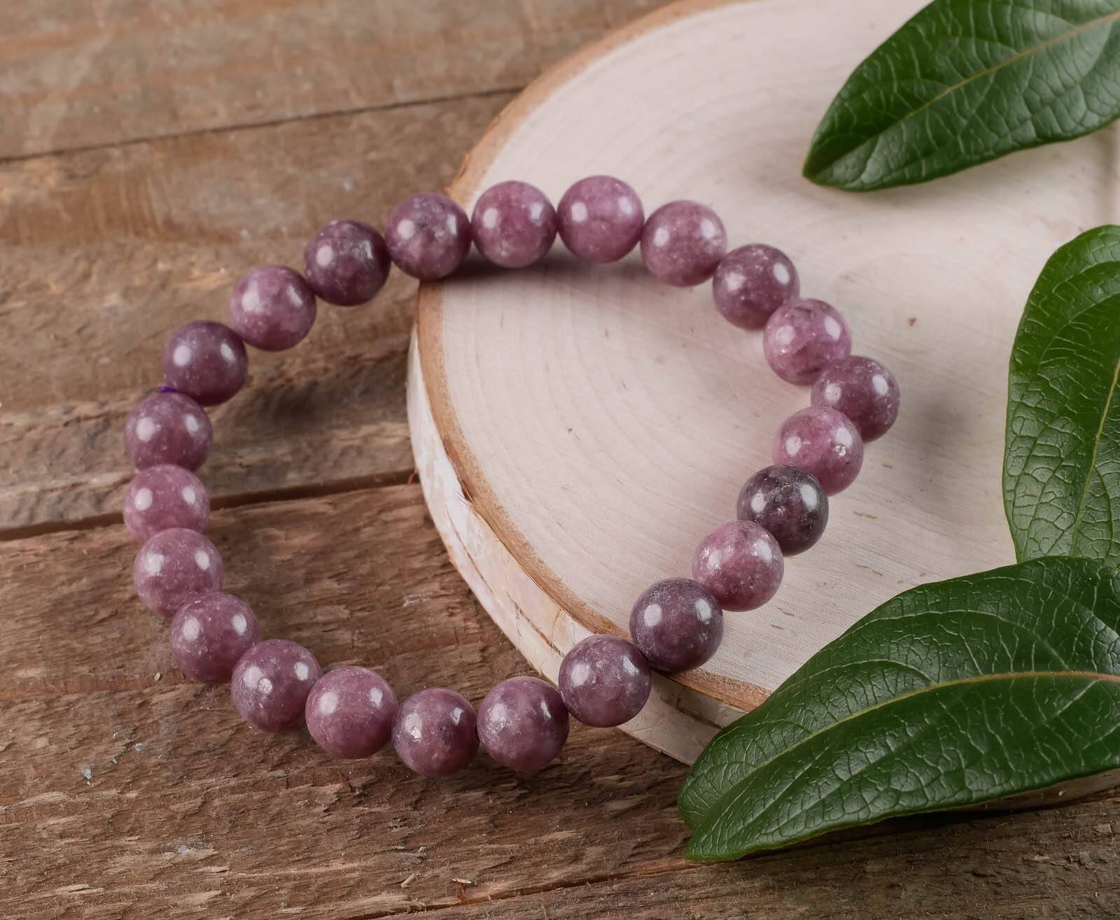 LEPIDOLITE Crystal Bracelet, Round Beads, Beaded Handmade Healing Jewelry, E0586