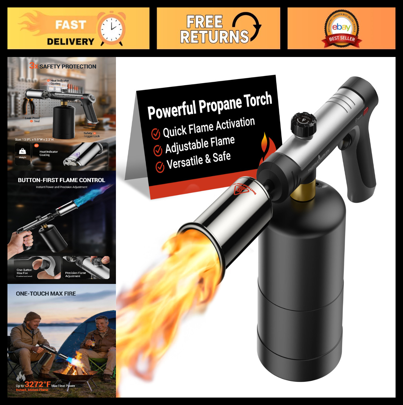 High-Performance Propane Torch with One-Touch Max Fire, Safety Lock, BBQ & Cooki