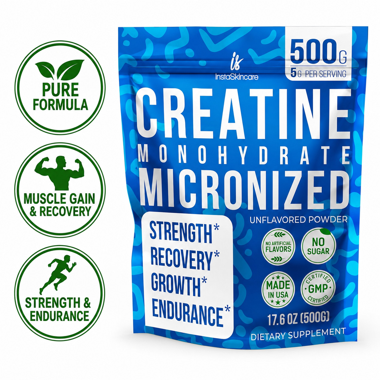 Creatine Monohydrate Powder Muscle Gain 5000mg Per Serv (5g) Made in USA 1.1LB